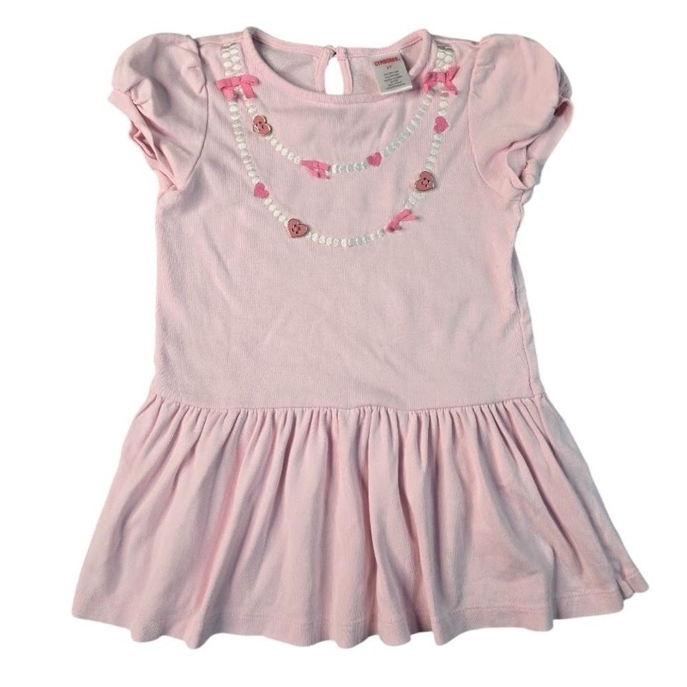Gymboree Pink Ruffle Dress Embroidered Heart Necklace 3D Bows Girls 2T‎ Toddler